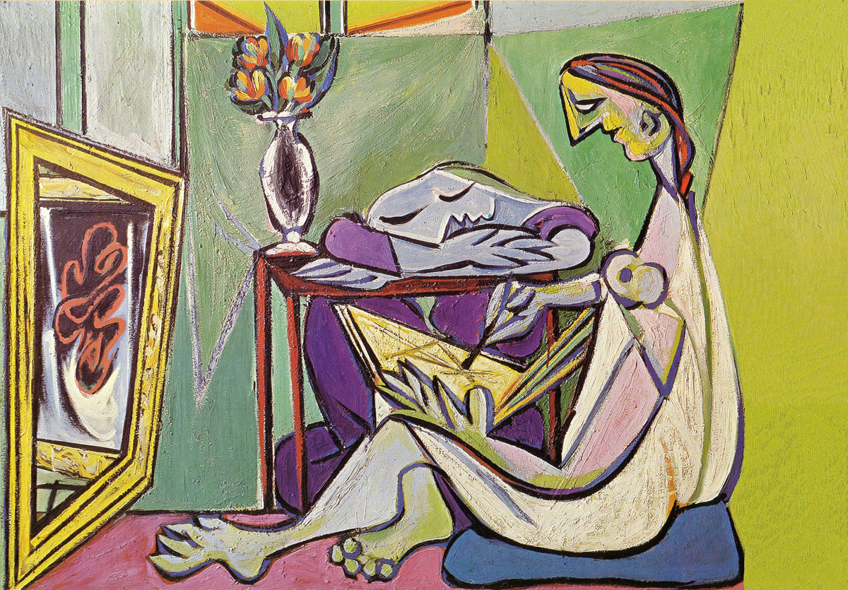 Angular seated figures, a vase of flowers and a framed picture fill this colourful interior in green, yellow and purple.
