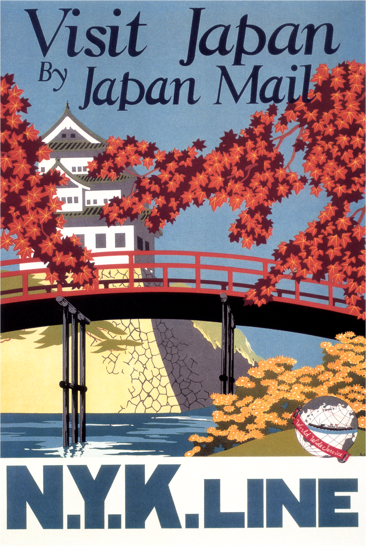 Red autumn maple leaves frame a castle and an arched red bridge over blue water, above bold N.Y.K. Line lettering.