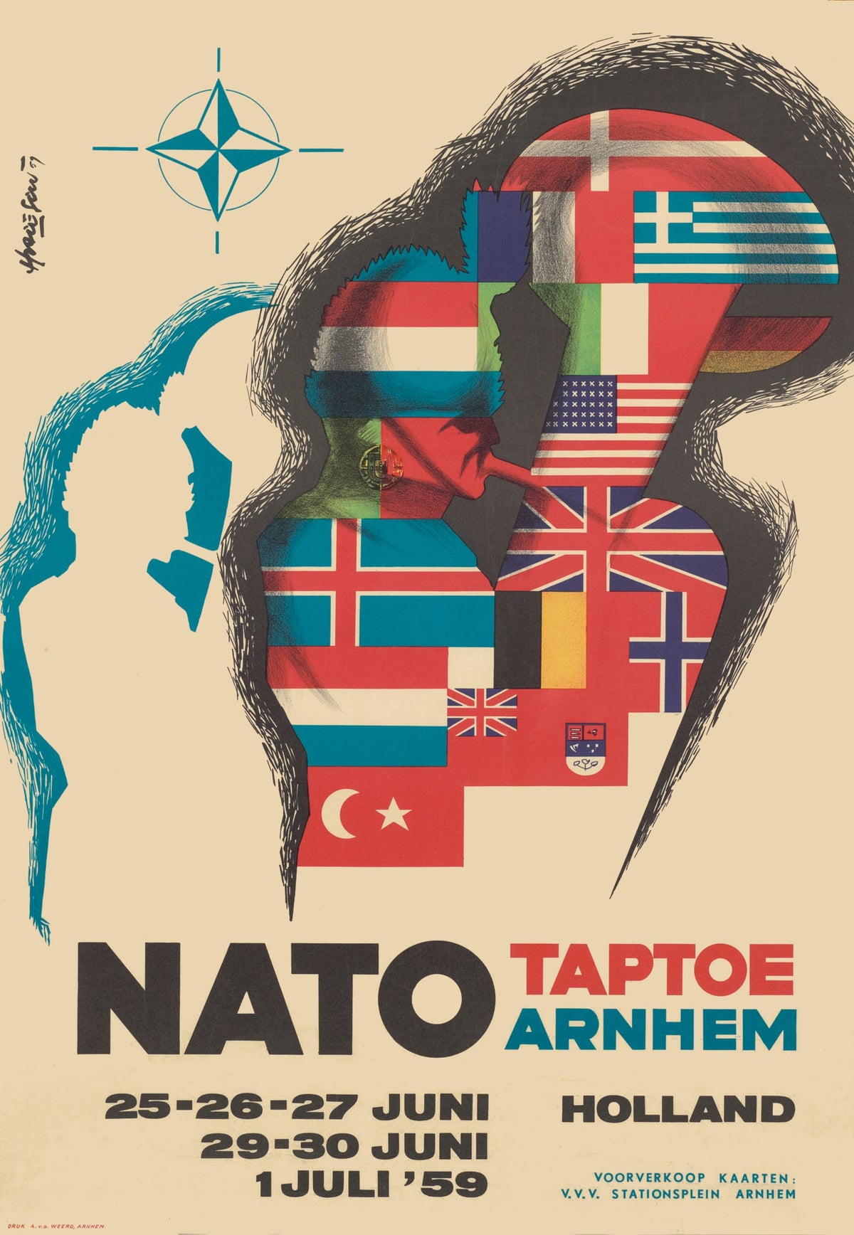 A stylised plume filled with national flags sits beneath the NATO compass emblem, above bold lettering for the 1959 Arnhem event.