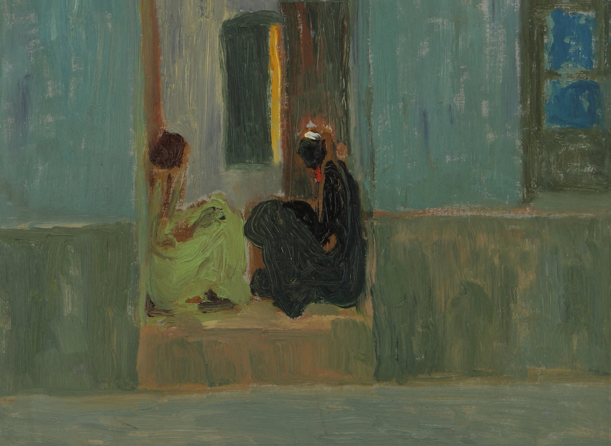 Two seated women occupy a shadowy doorway, with pale green and dark clothing set against softly painted blue-green walls.