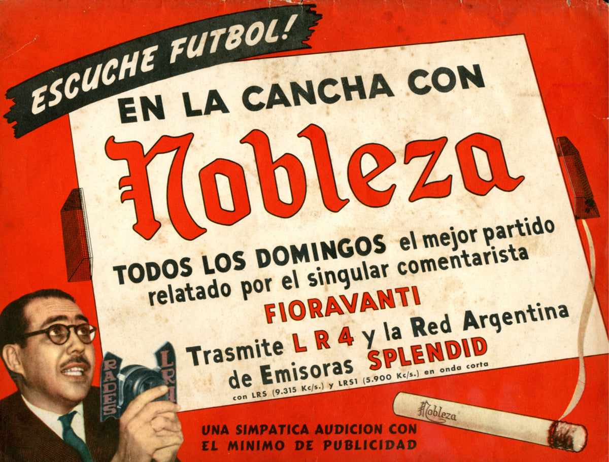 Red and cream football radio advertisement featuring a commentator and bold Nobleza lettering.