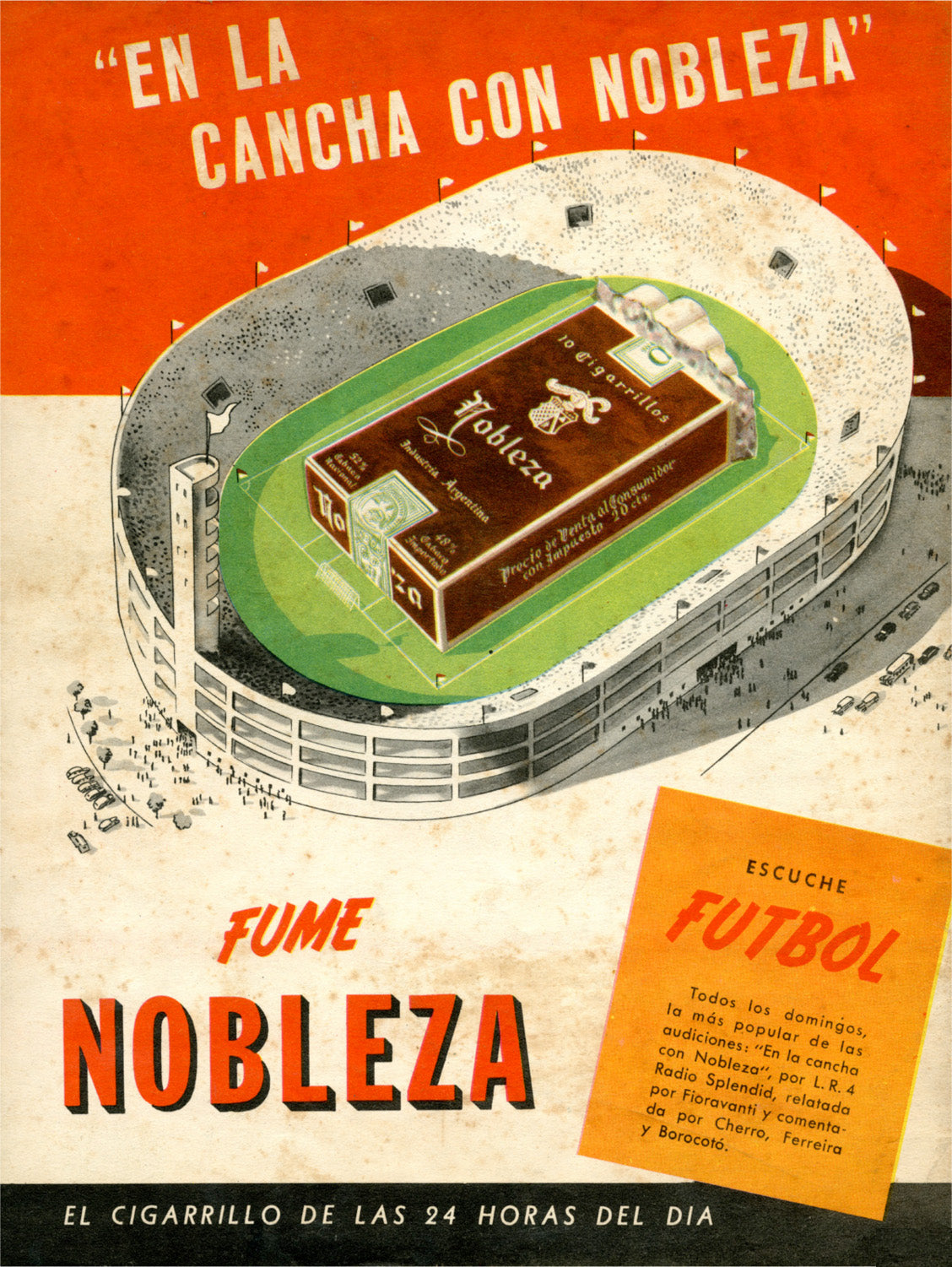 An oversized Nobleza packet fills a green football pitch inside an illustrated stadium beneath orange and cream Spanish-langu