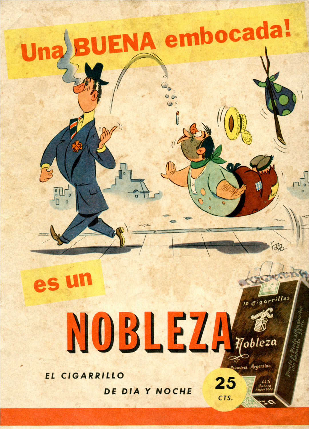 A colourful cartoon street scene with two figures, airborne hats and bold red Nobleza lettering.