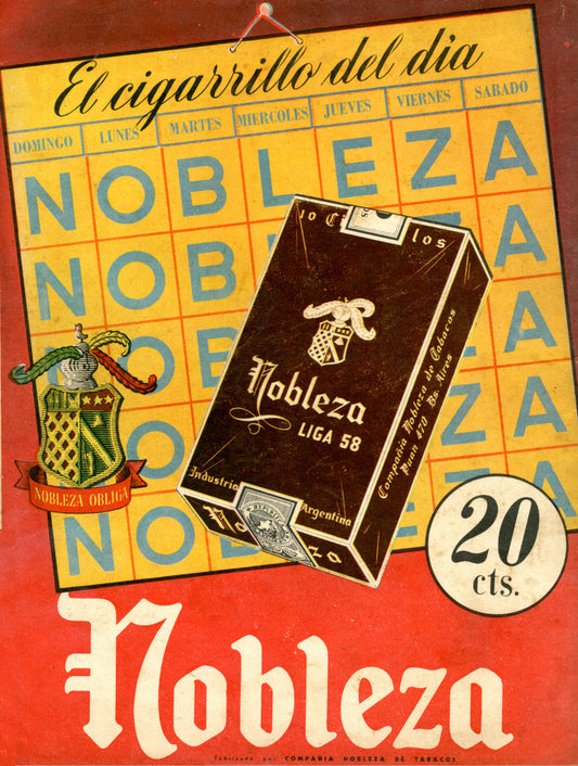A dark Nobleza packet against a yellow calendar grid with turquoise lettering and a red border.