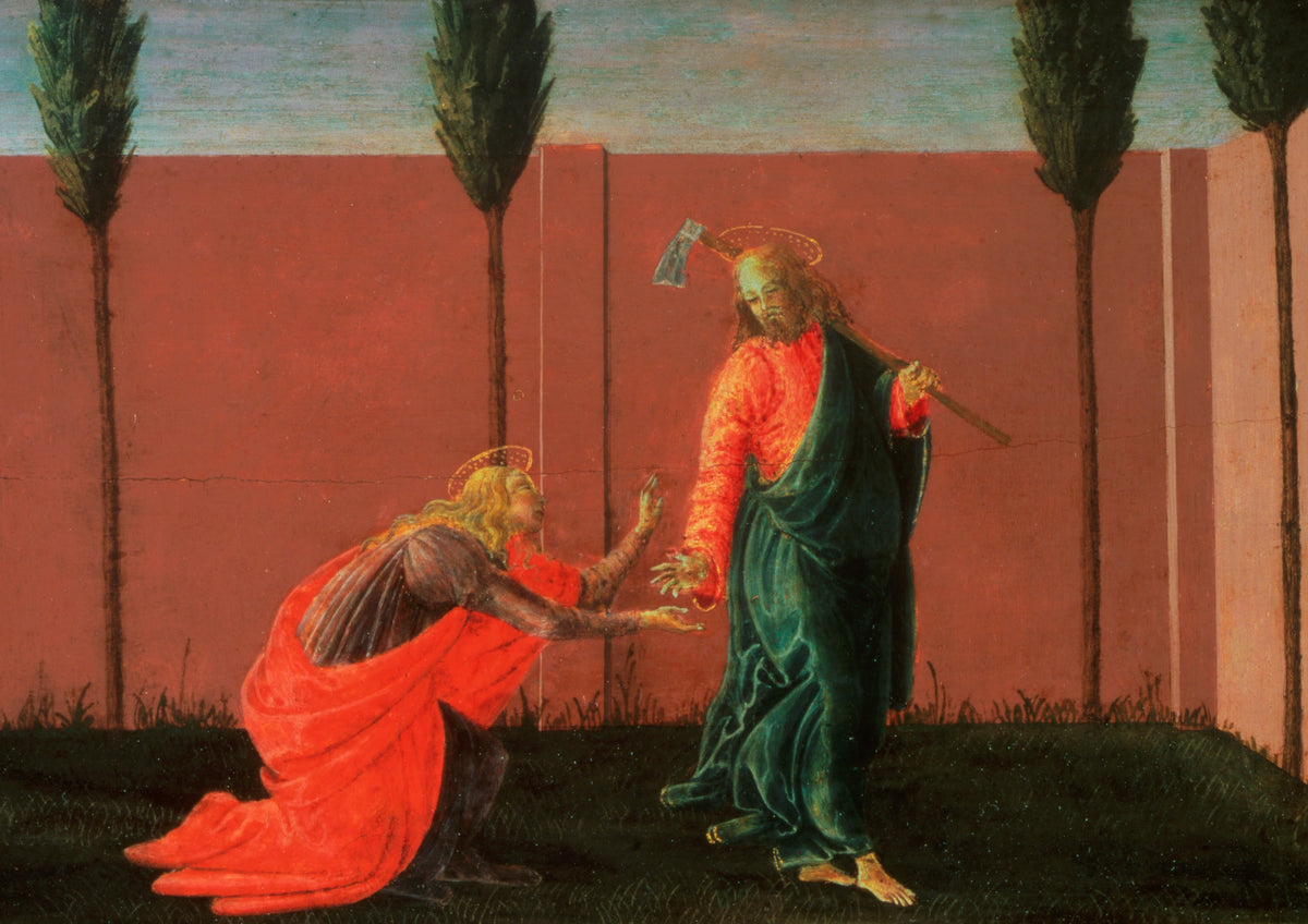 A kneeling figure in red reaches toward a standing haloed figure carrying a garden tool before a pink wall and slender trees.