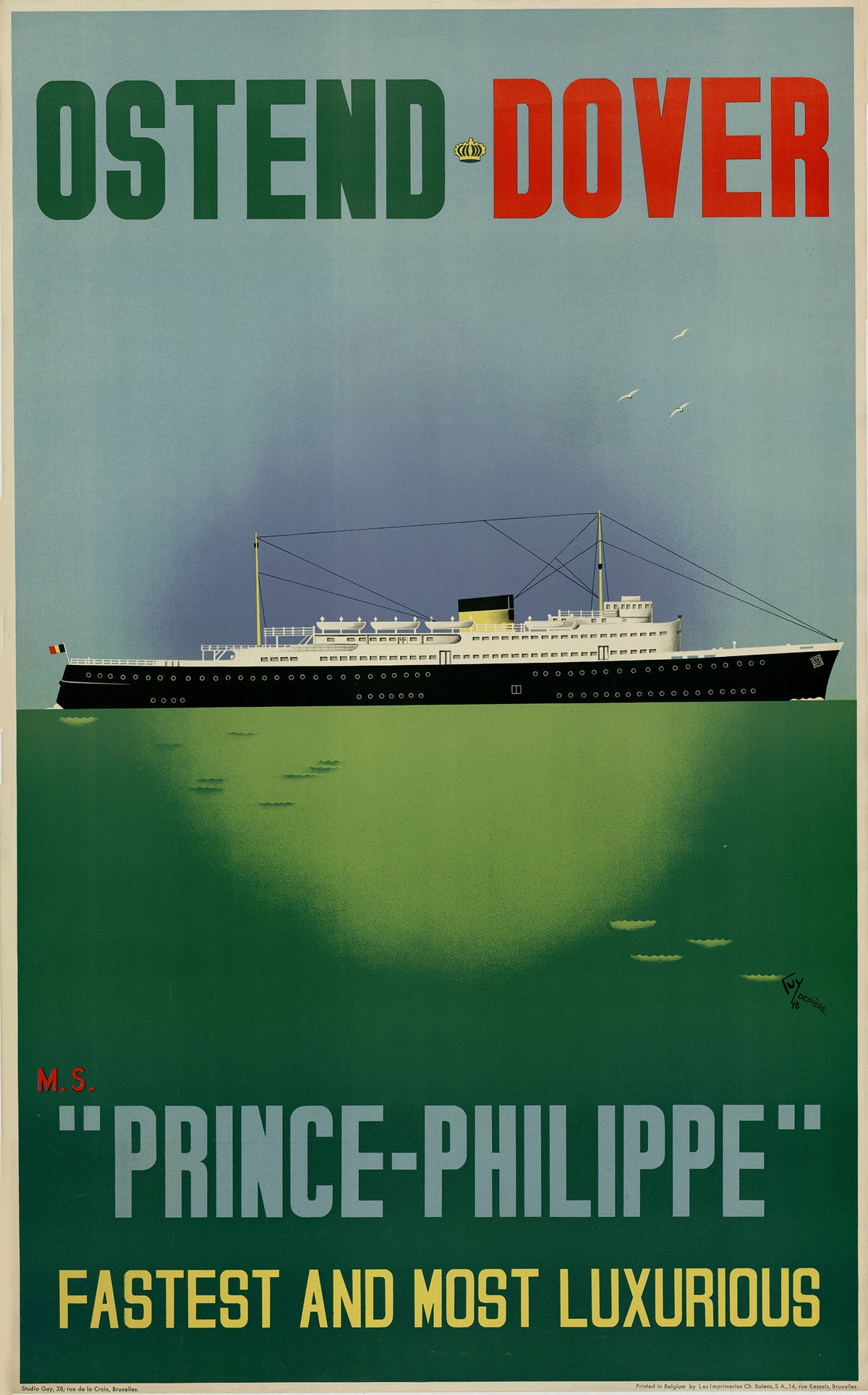 A passenger ship glides across green water under large green and red Ostend-Dover lettering in a restrained maritime travel design.
