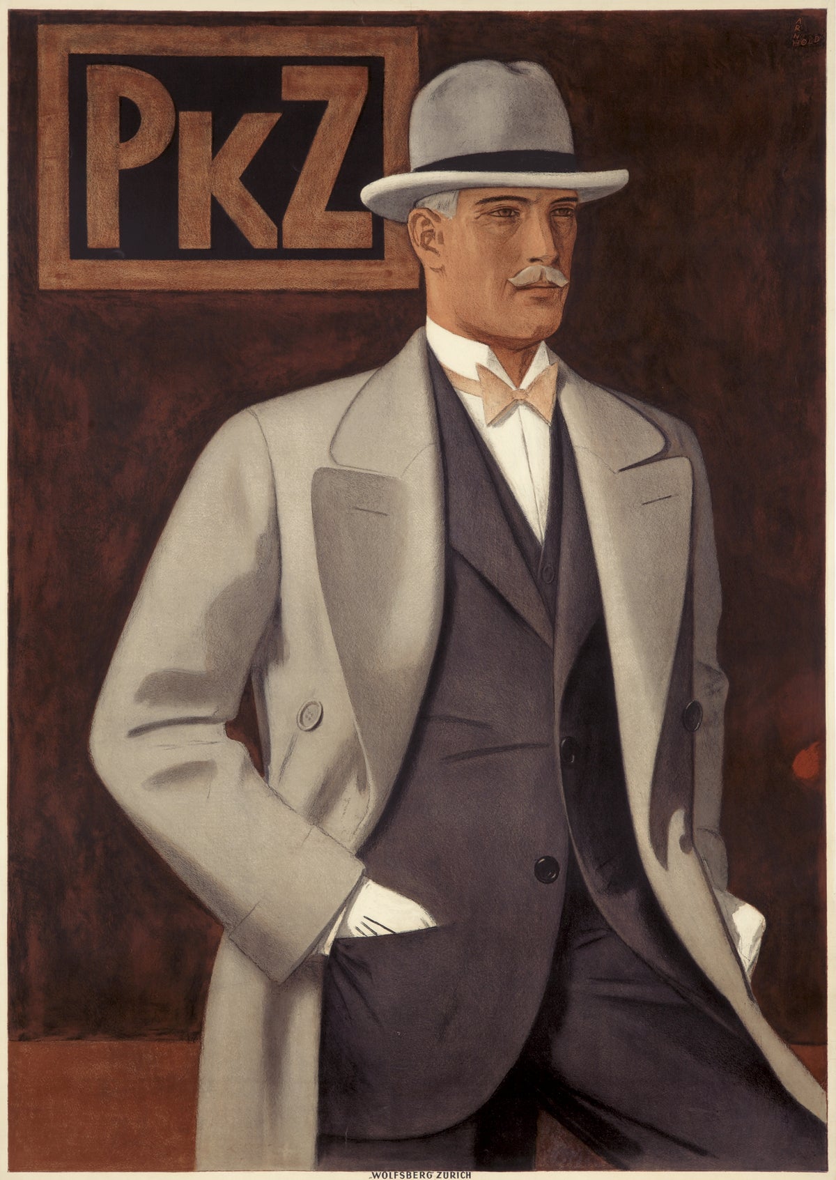 An elegantly dressed man wears a pale overcoat and grey hat against a dark brown background with a framed PKZ emblem.