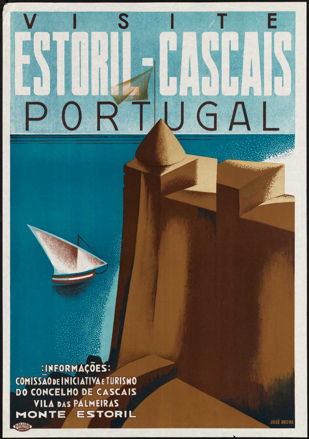 Golden coastal fort and sailing boat on turquoise water beneath Estoril-Cascais Portugal lettering.
