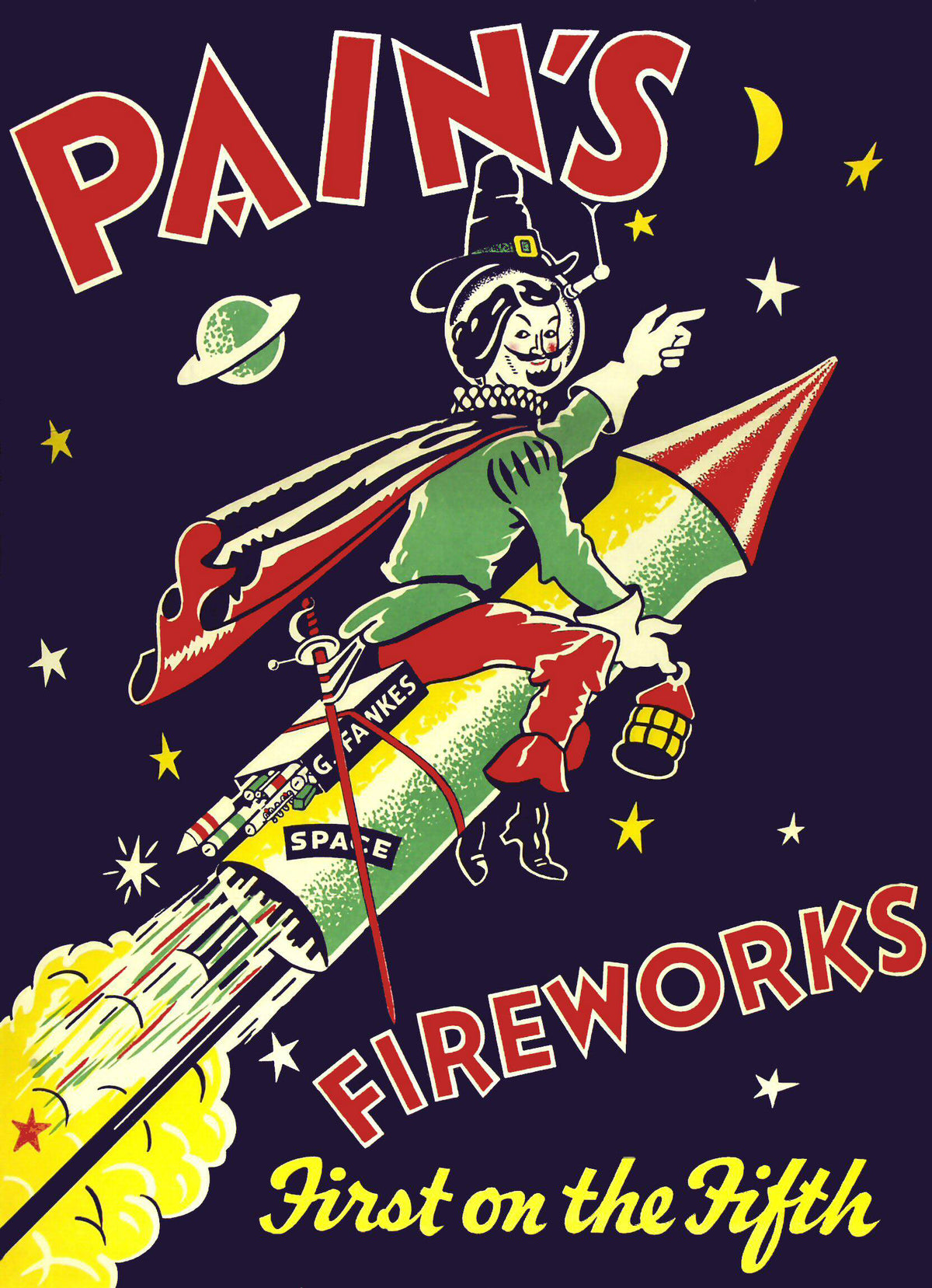 A cheerful figure in a pointed hat rides a green rocket through a dark sky dotted with stars, a crescent moon and a ringed pl