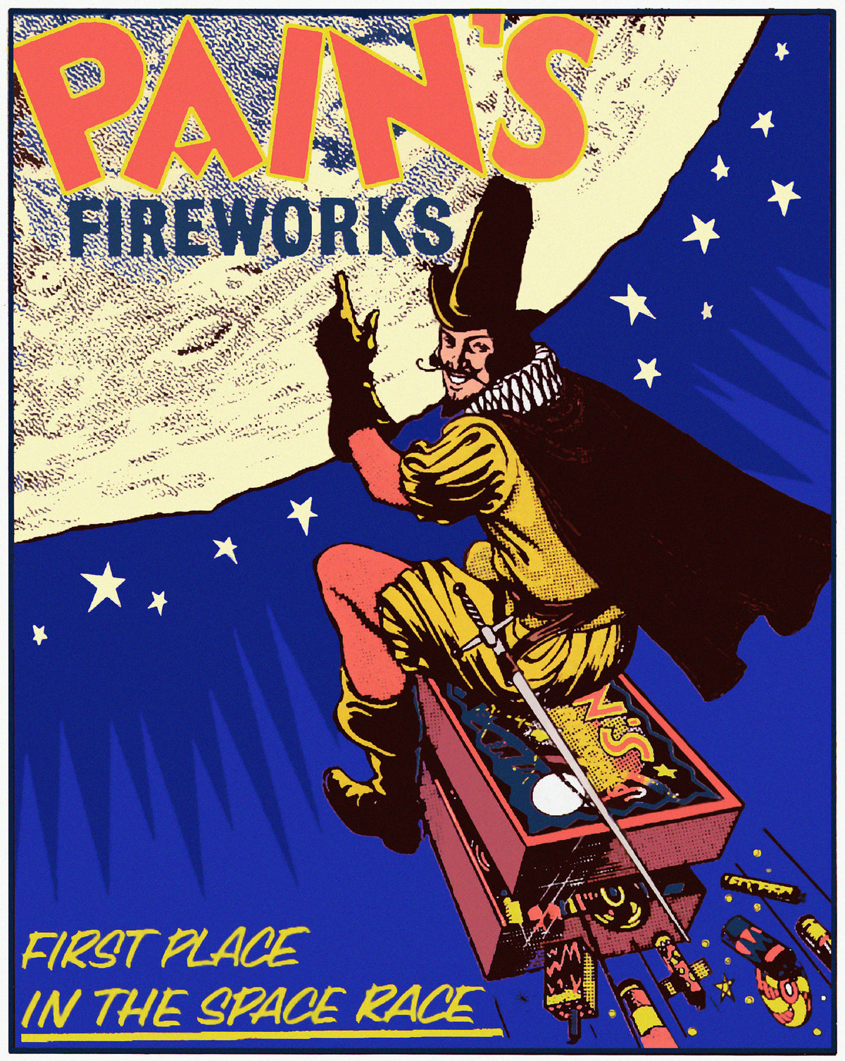 A colourful figure in a tall hat rides a box of fireworks towards a large moon against a deep blue starry sky.