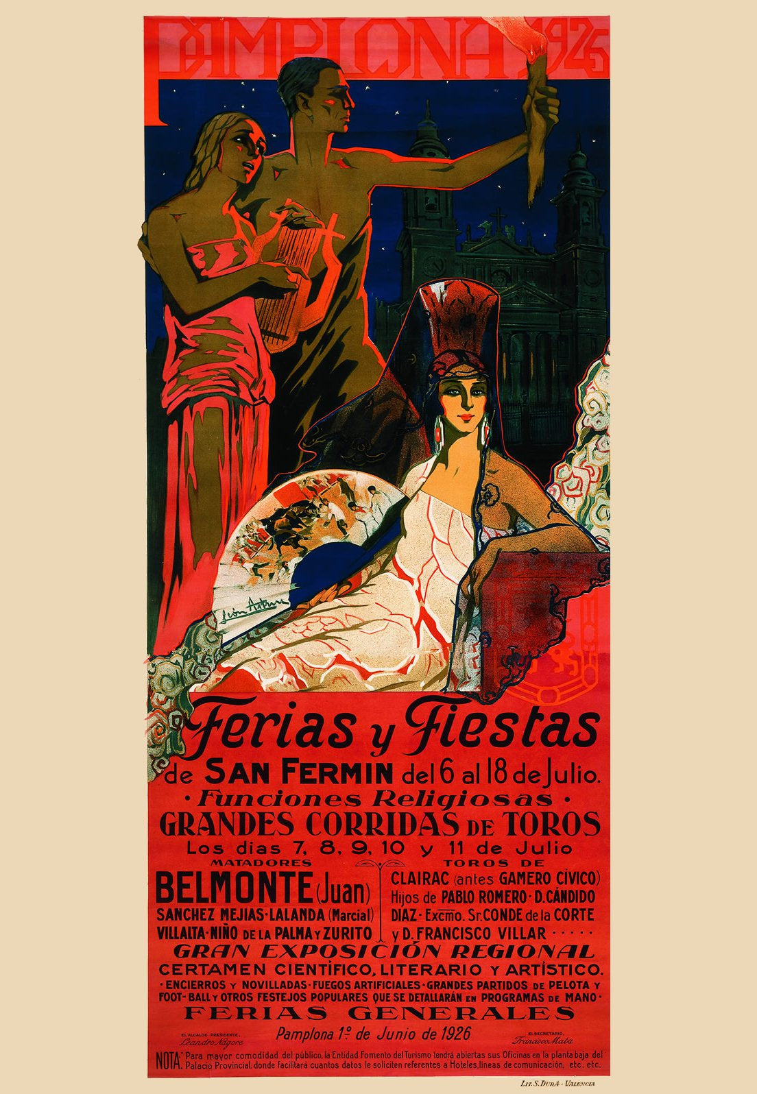 Red and blue Pamplona festival poster with classical figures and a seated woman holding a fan.