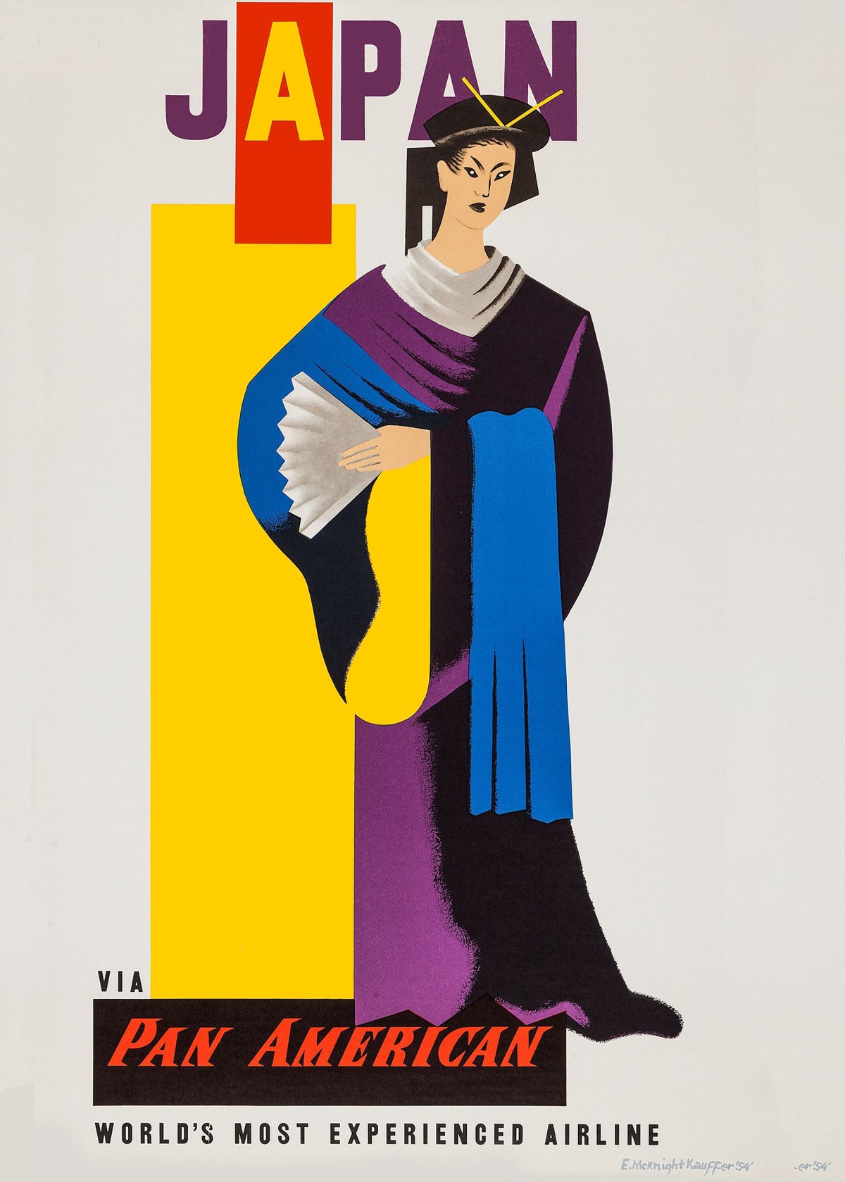 A stylised woman holding a white fan wears a purple and blue kimono against bold yellow and red geometric panels.