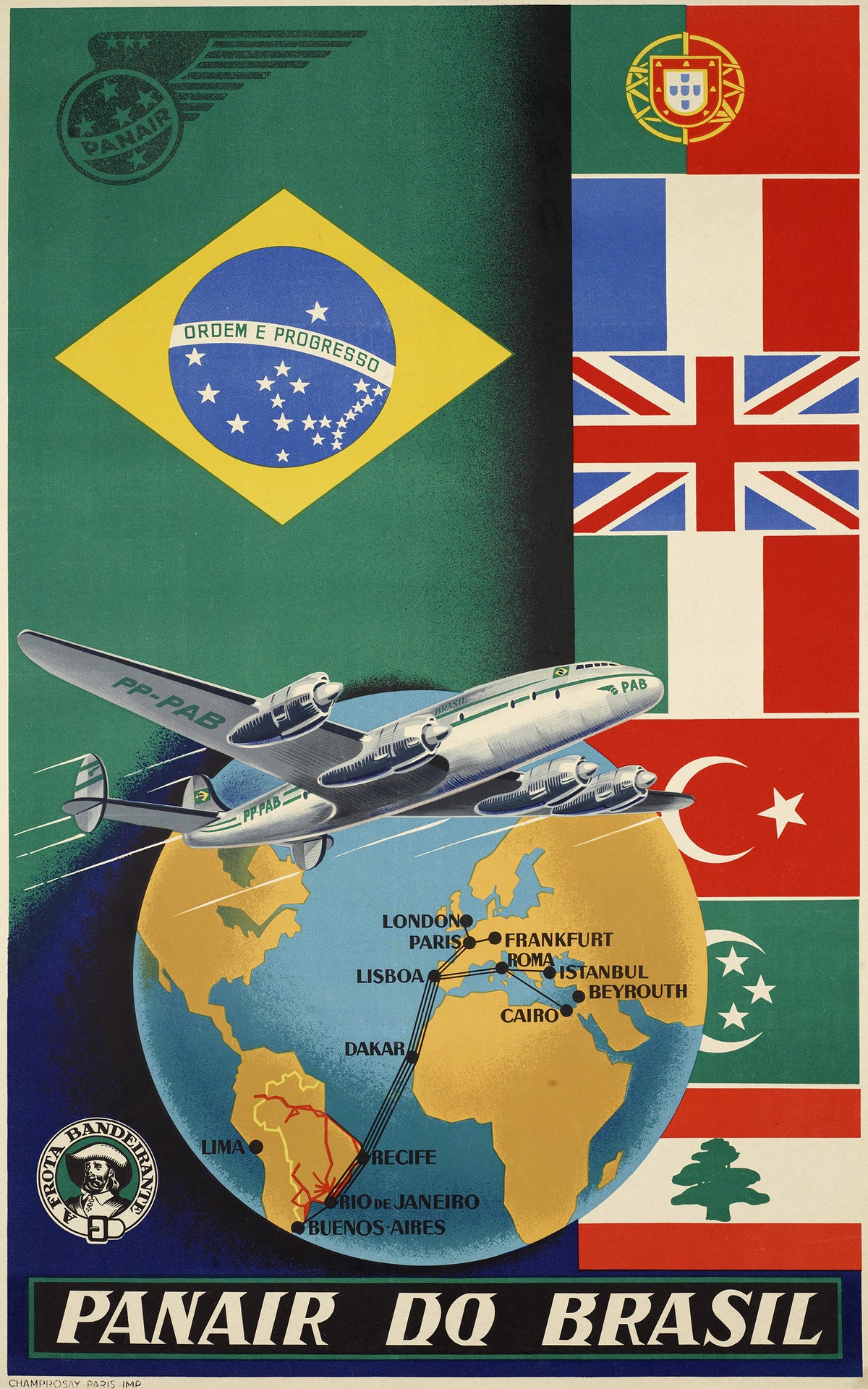A silver four-engined airliner passes a globe and international flags against a rich green background.