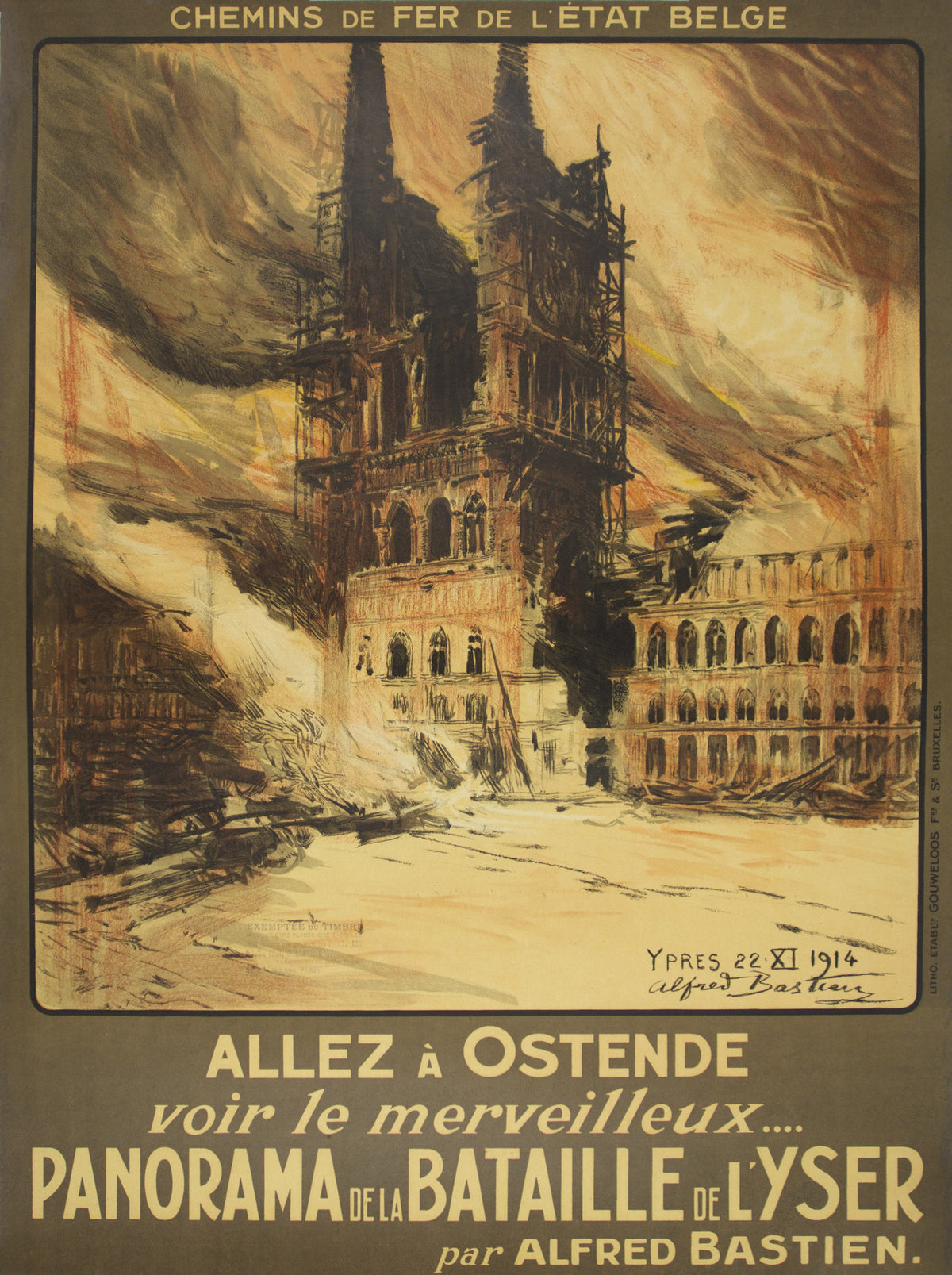 A dramatic depiction of damaged buildings at Ypres above French panorama and Belgian railway lettering.