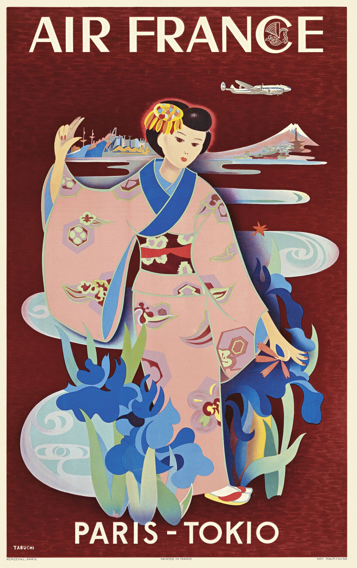 A woman in a pale patterned kimono stands among blue irises against a rich red background, with an airliner overhead and Paris-Tokio lettering below.