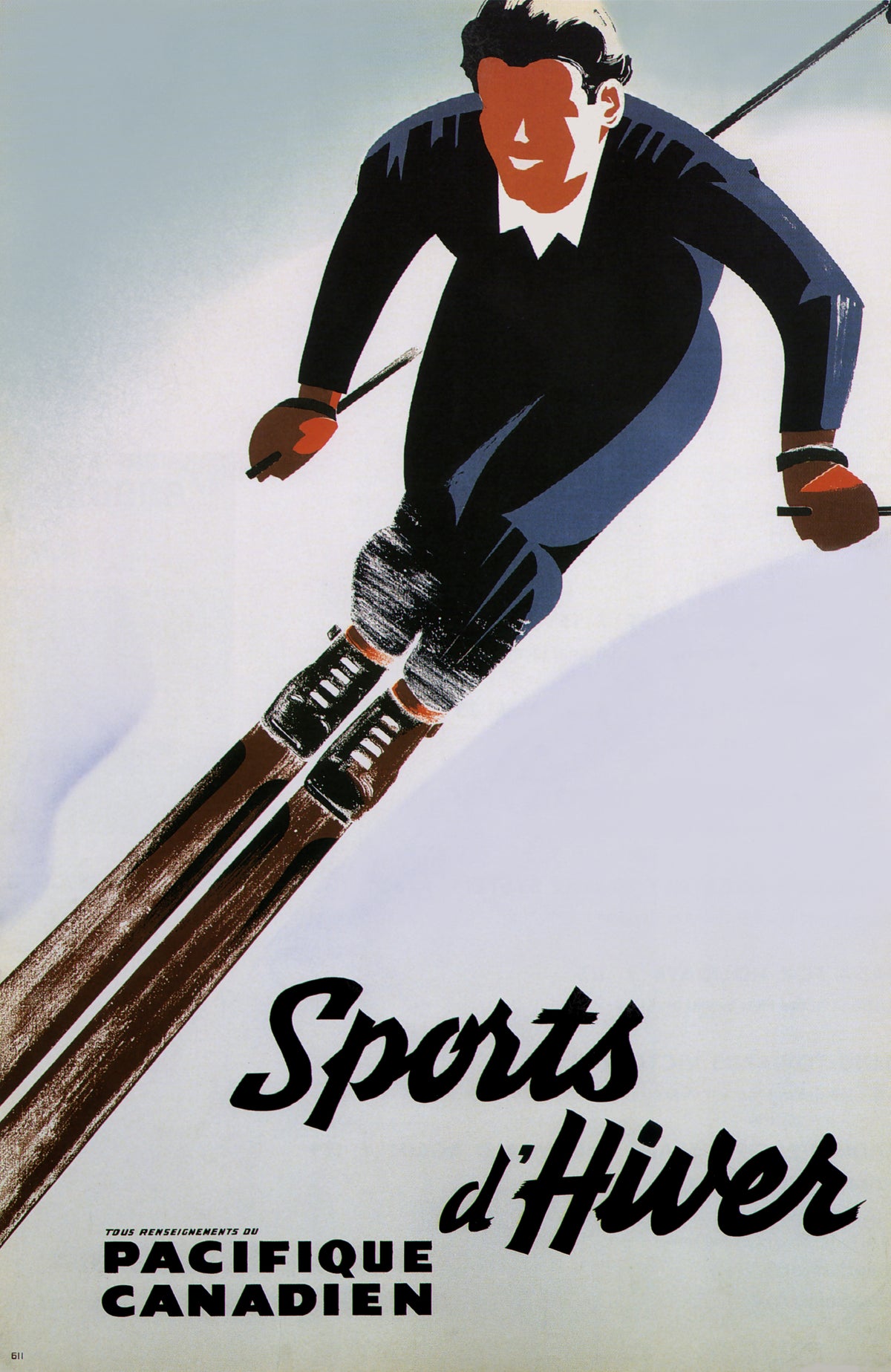 A skier in dark clothing leans into a turn across a pale snowy ground above flowing French winter sports lettering.