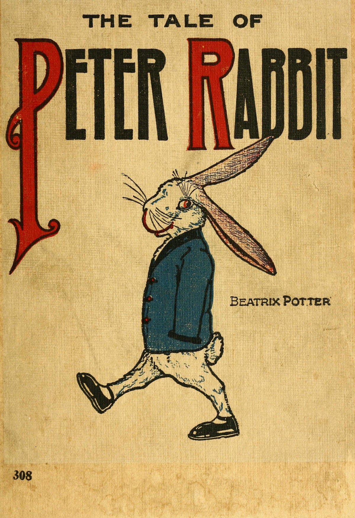 A long-eared rabbit in a blue coat walks beneath decorative red-and-black Peter Rabbit lettering on a textured cream ground.