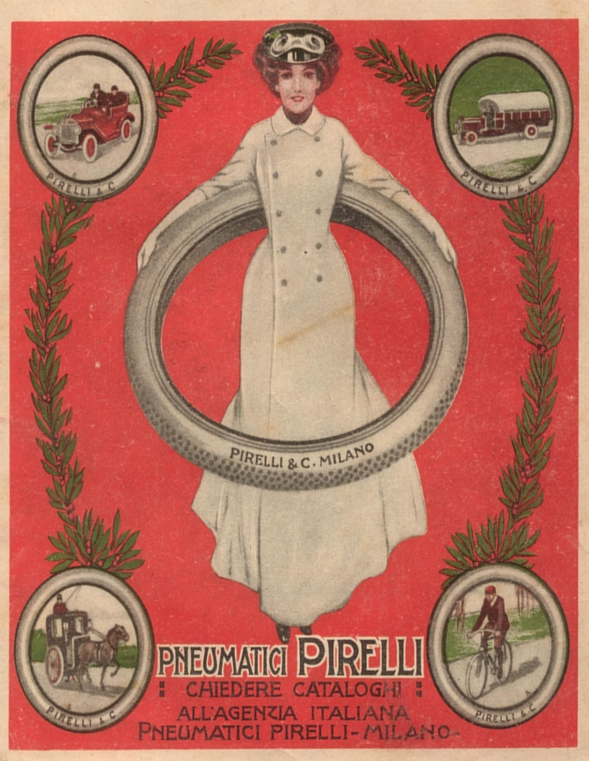 A woman in a pale motoring coat holds a tyre against a red background, surrounded by small vehicle illustrations.