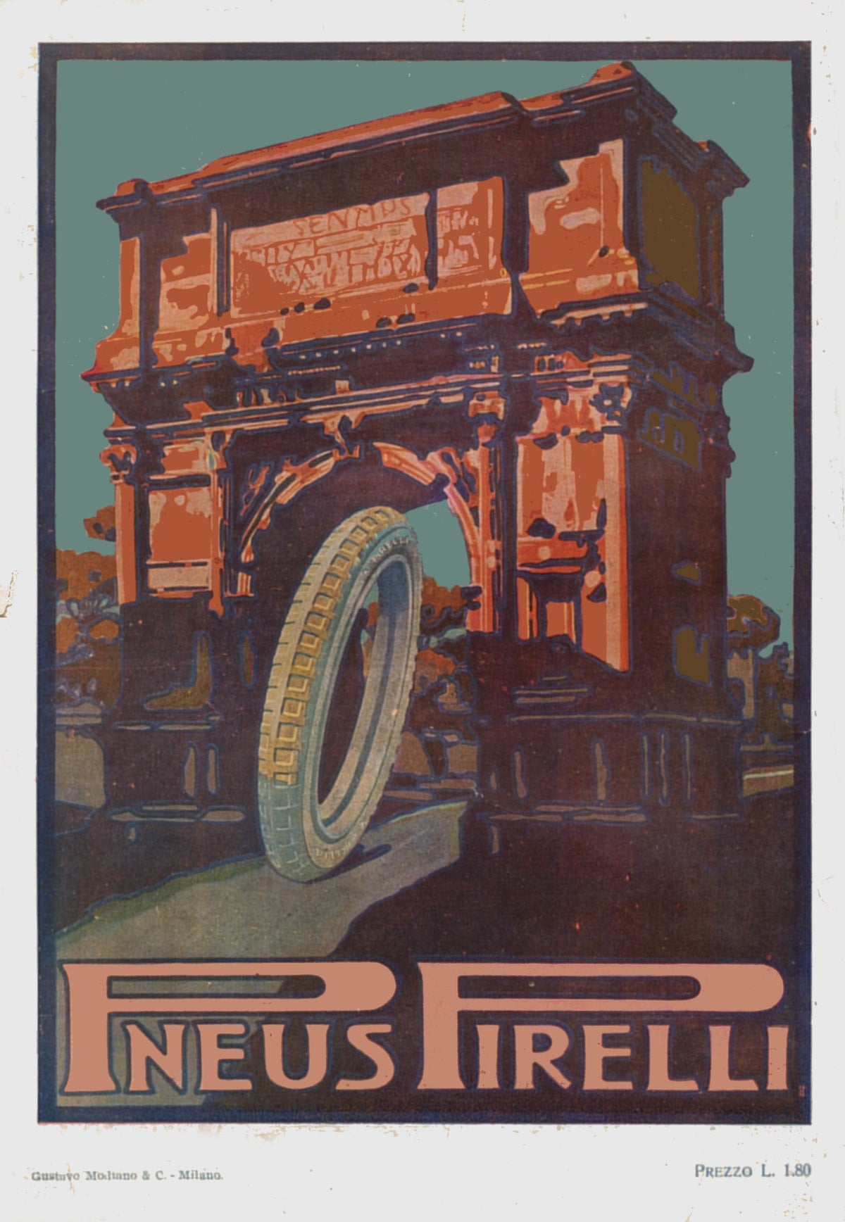 A monumental red stone arch and a large tyre create a dramatic architectural scene above stylised Pirelli lettering.