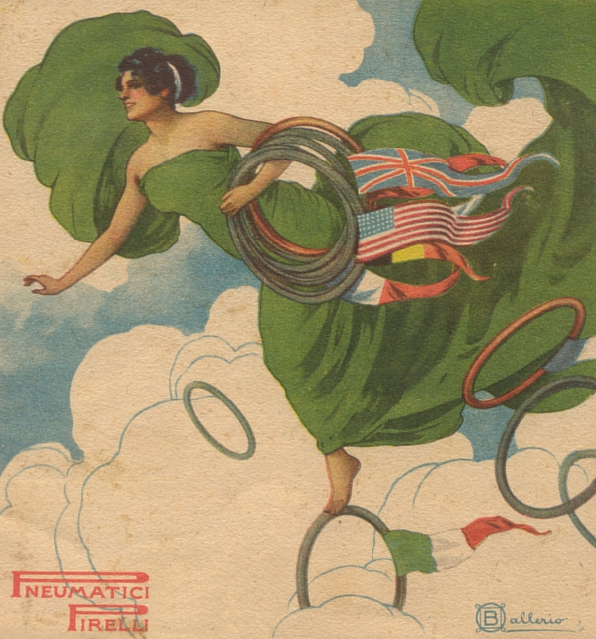 A floating figure in green carries a tyre and flowing international flags above stylised clouds.