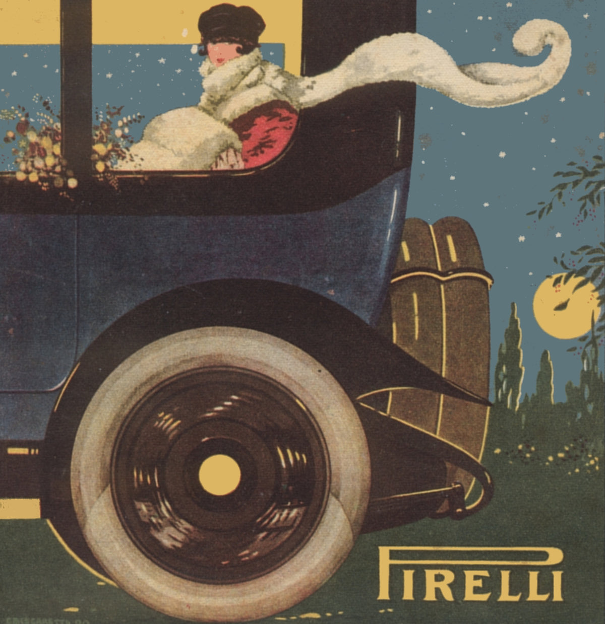 A stylish passenger with a flowing white scarf rides in an early motor car against a blue evening sky.