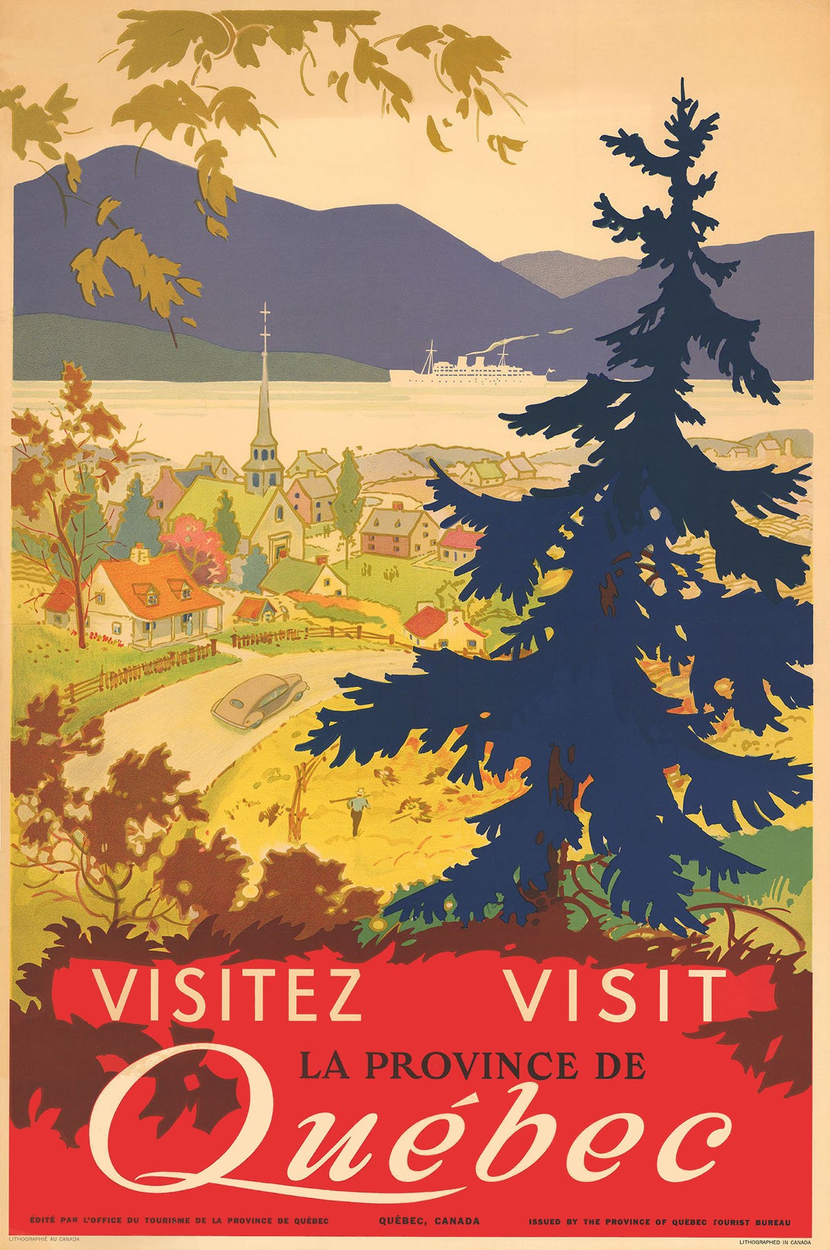 A dark evergreen frames a riverside village, distant hills and a passing ship in warm autumnal colours.