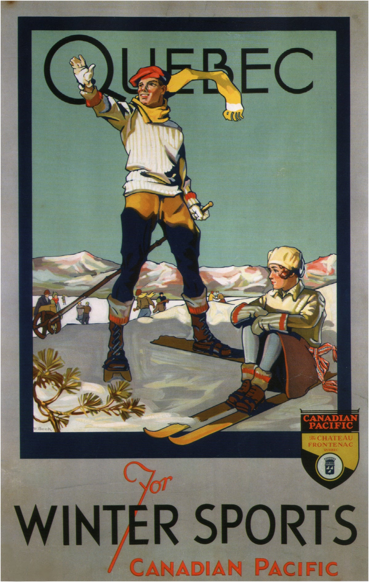 Two winter sports enthusiasts rest on a snowy slope beneath Quebec lettering in this Canadian Pacific design.
