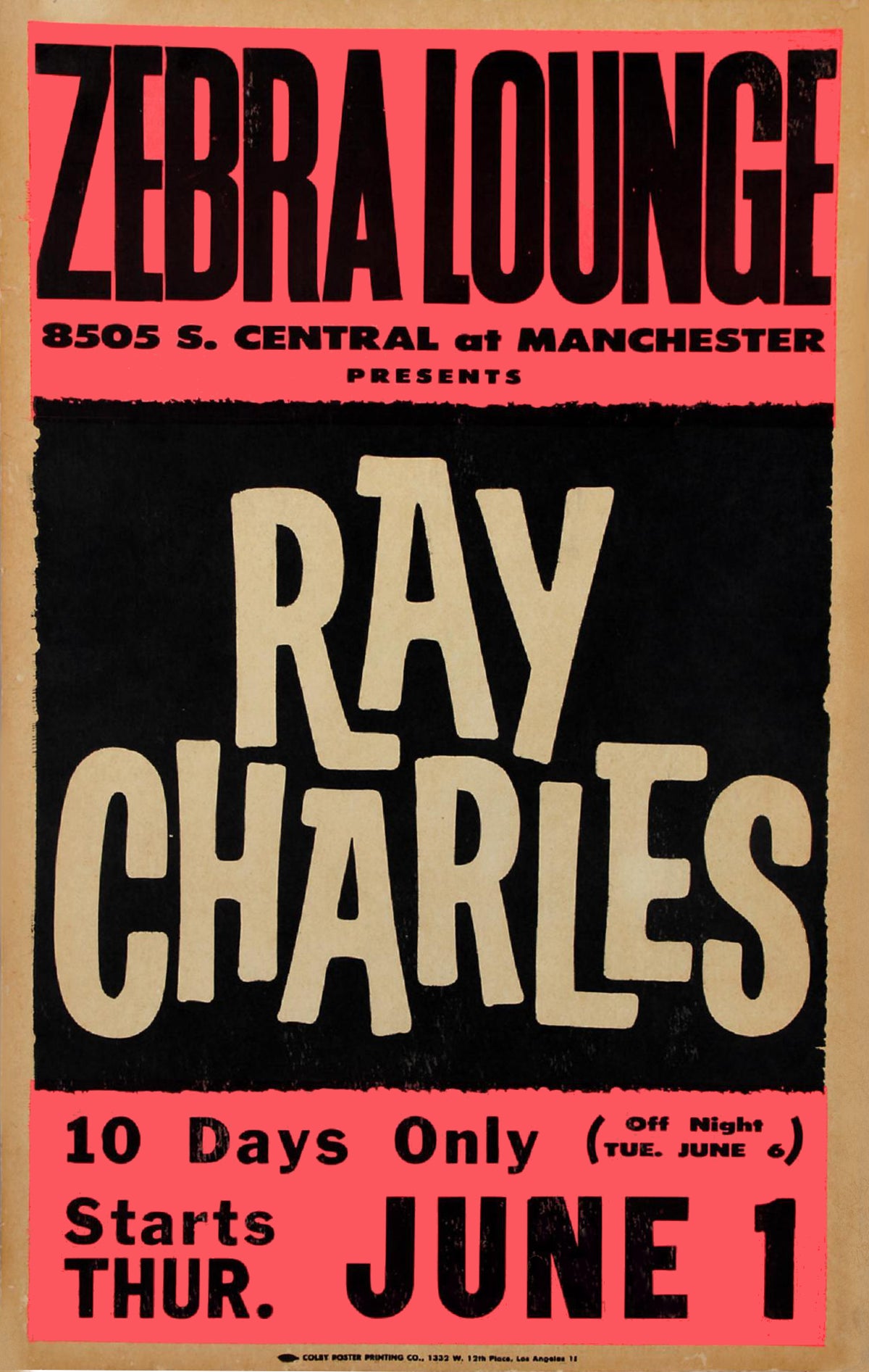 Large cream Ray Charles lettering fills a black panel between vivid red headings advertising his Zebra Lounge engagement.