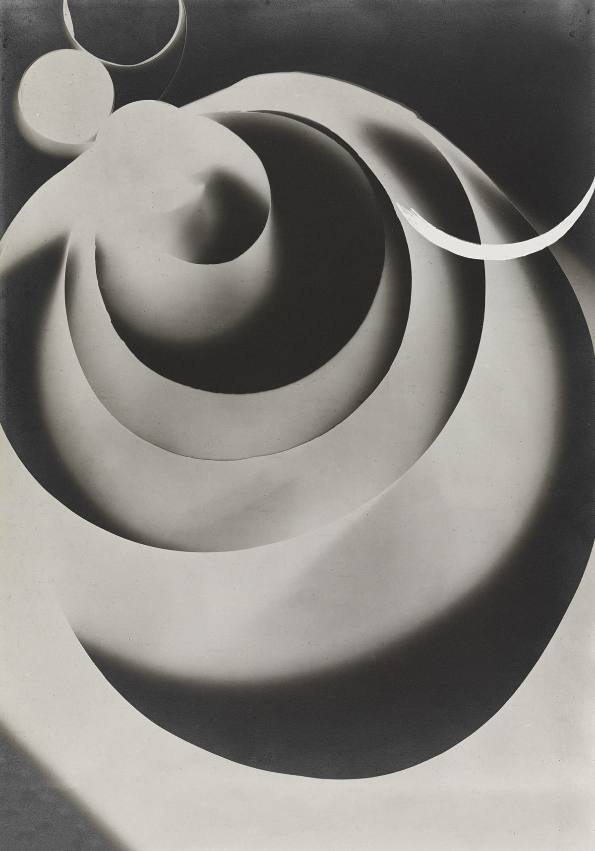 Large layered circular forms and curved ribbons create a sculptural arrangement of bright whites and shaded greys.