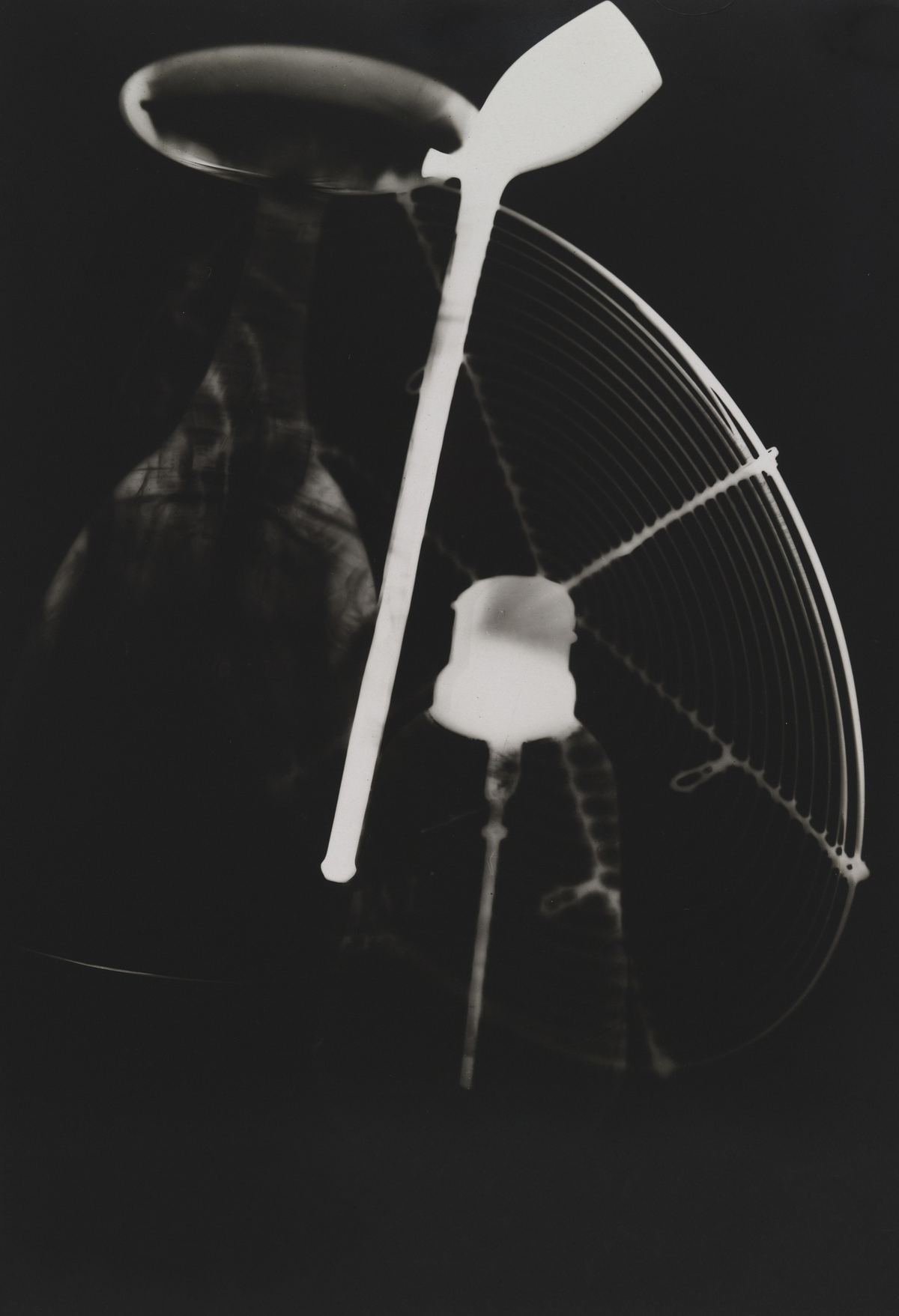 A bright spatula-shaped form crosses curved wire-like lines and translucent vessel silhouettes against a black ground.