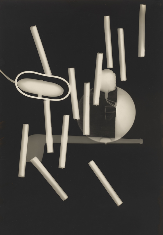 Slender white rods and curved translucent forms scatter across a black ground in an experimental geometric arrangement.