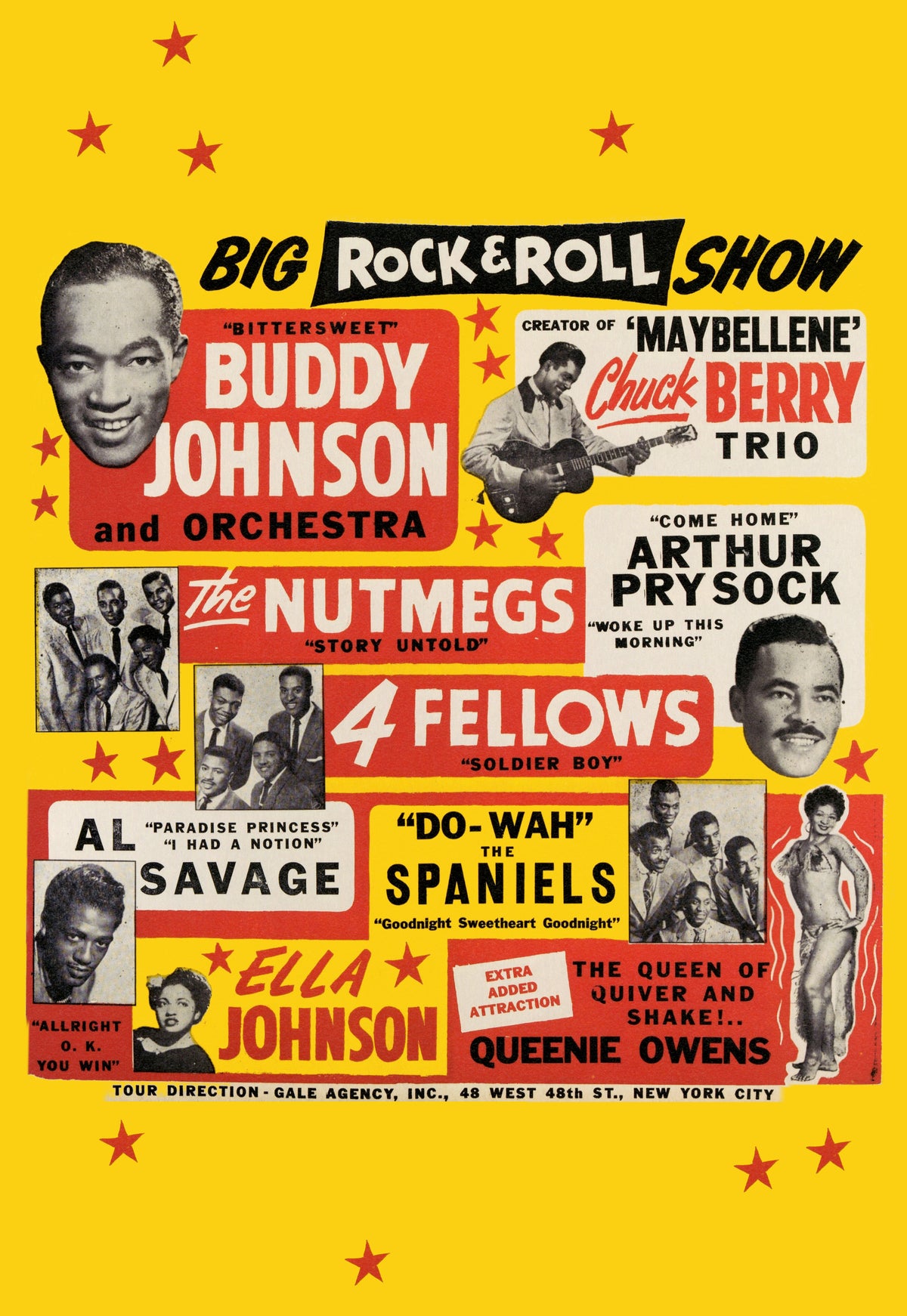 Yellow and red concert design featuring Chuck Berry, Buddy Johnson, the Nutmegs and the Spaniels.
