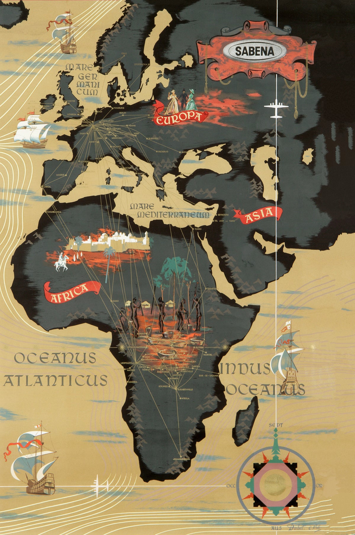 An illustrated route map links Europe, Asia and Africa, with historic sailing ships, regional vignettes and an aircraft graphic.