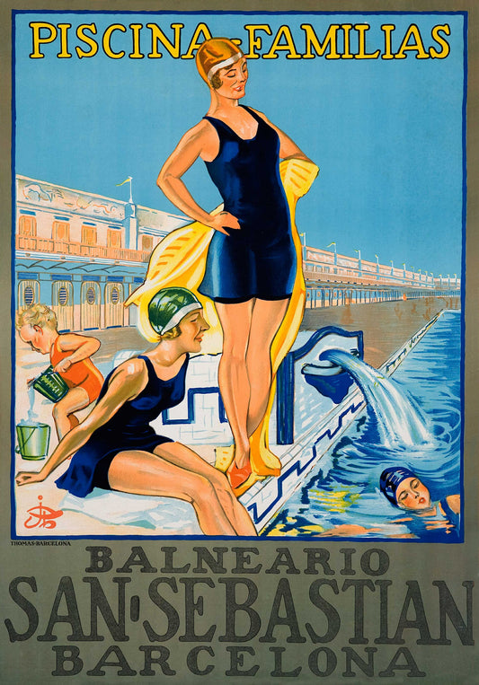 San Sebastian / Barcelona Piscina Familias vintage poster