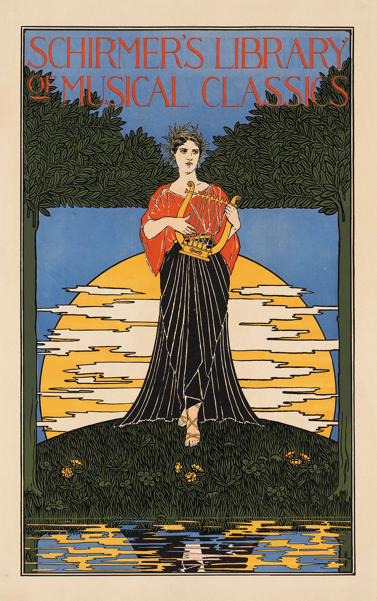 A robed woman holds a golden lyre before a setting sun, framed by dark foliage and reflections on water.