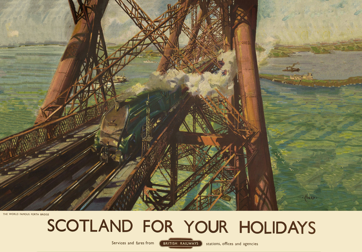 Steam train crossing the Forth Bridge in a landscape railway advertisement.