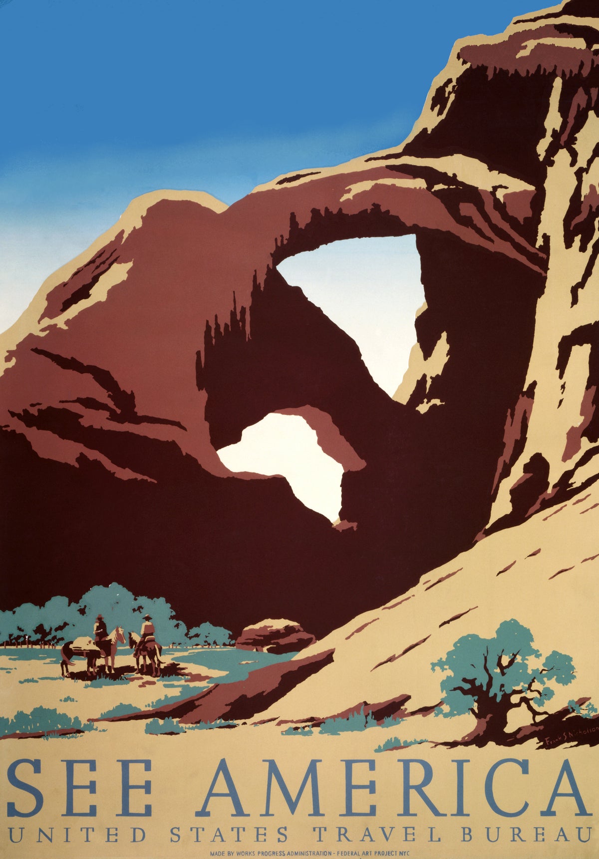 A monumental red-brown rock arch towers over small riders and desert vegetation beneath a clear blue sky.
