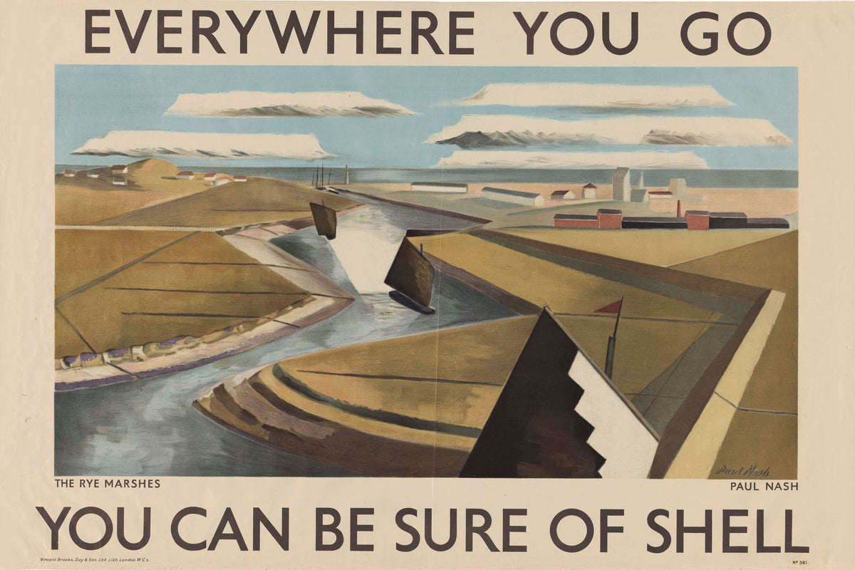 Paul Nash’s angular marsh landscape pairs a winding waterway with the slogans Everywhere You Go and You Can Be Sure of Shell.