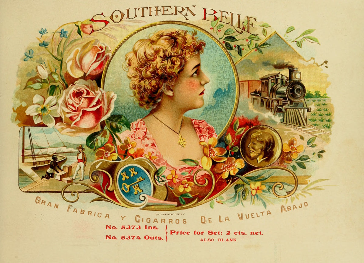 An ornate cigar-label design with a woman in profile, roses, a steam locomotive, a sailing boat and gold medallions.