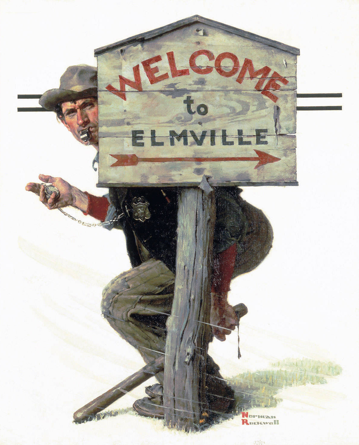 A humorous illustration of a policeman hiding behind a Welcome to Elmville sign while holding a pocket watch.