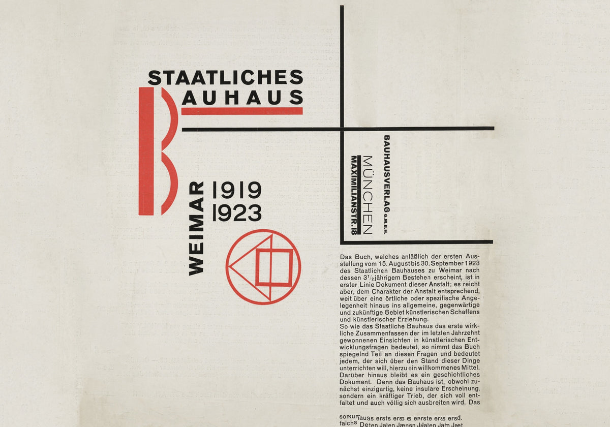 Black intersecting lines, red geometric forms and carefully arranged German typography create a restrained Bauhaus composition.