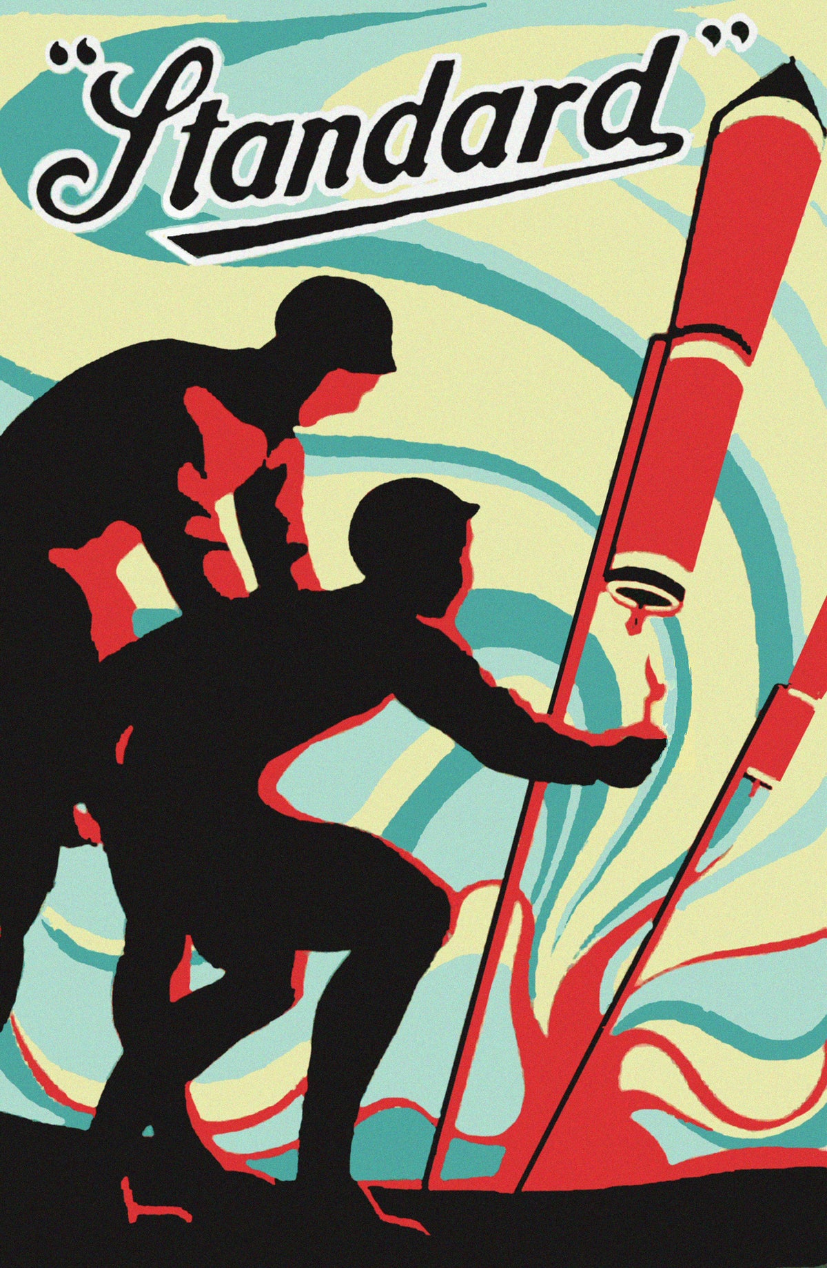 Silhouetted figures lighting a red rocket against swirling turquoise and cream shapes.