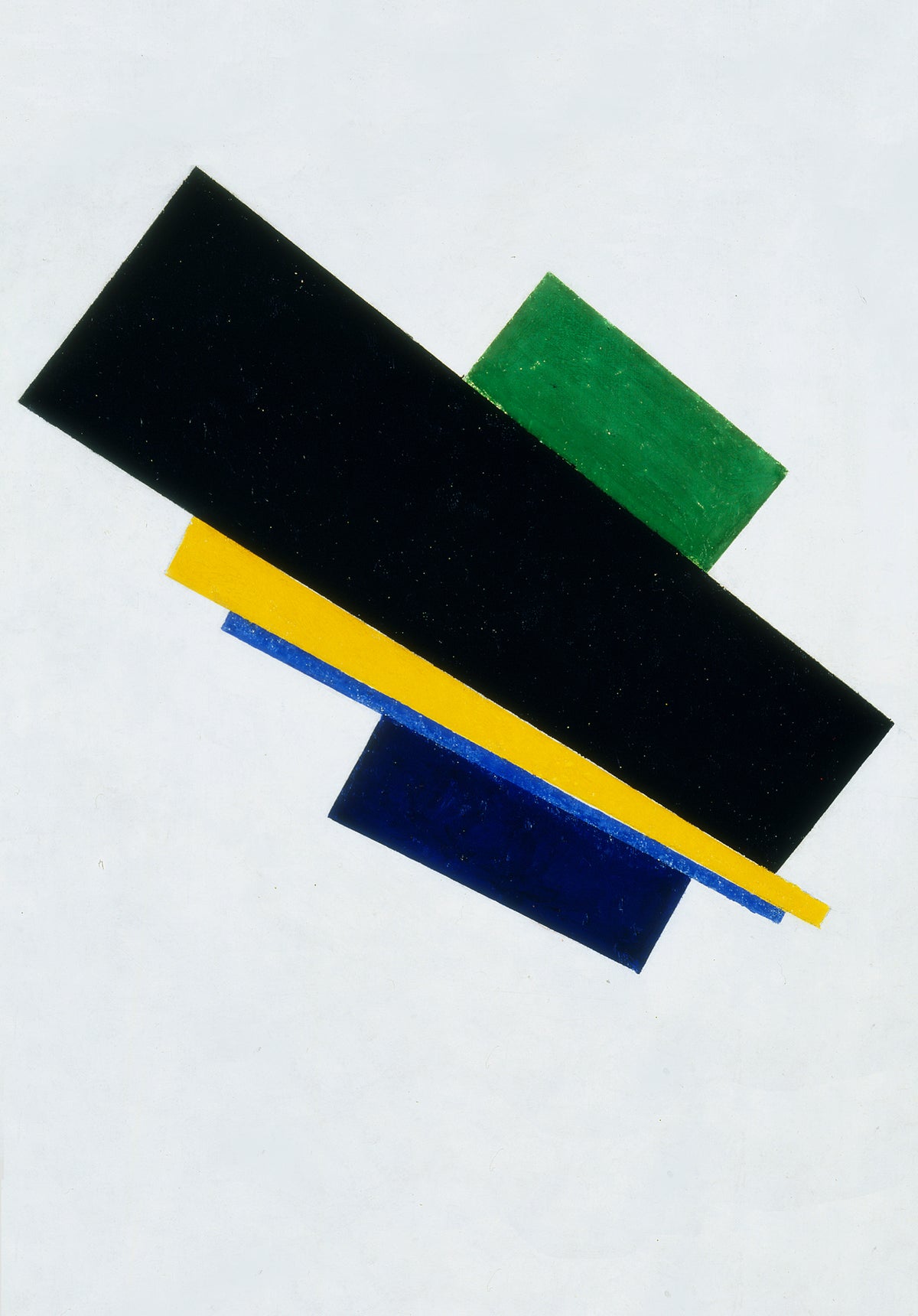 Overlapping black, green, yellow and blue geometric shapes form a diagonal arrangement on a pale ground.