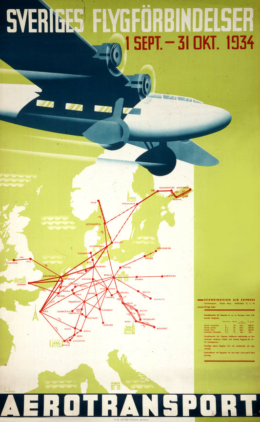 Sveriges Flygförbindelser 1934 | Aerotransport Route Map Poster