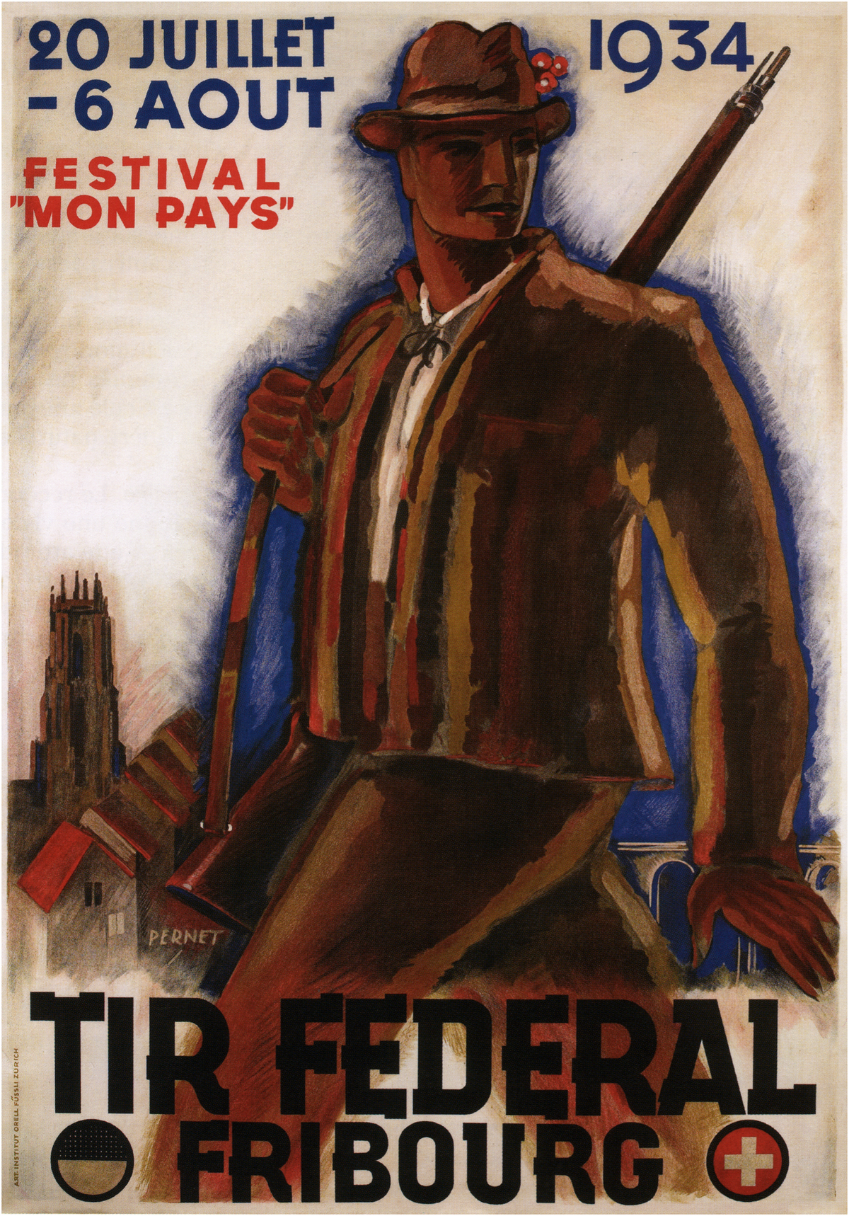 A man in a brown hat carries a rifle above bold Fribourg lettering and the dates of the 1934 Swiss shooting festival.