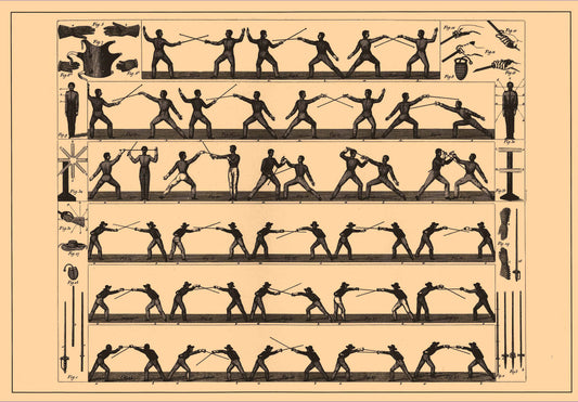 Vintage Military Sword fighting / fencing poster c19th Henry Angelo