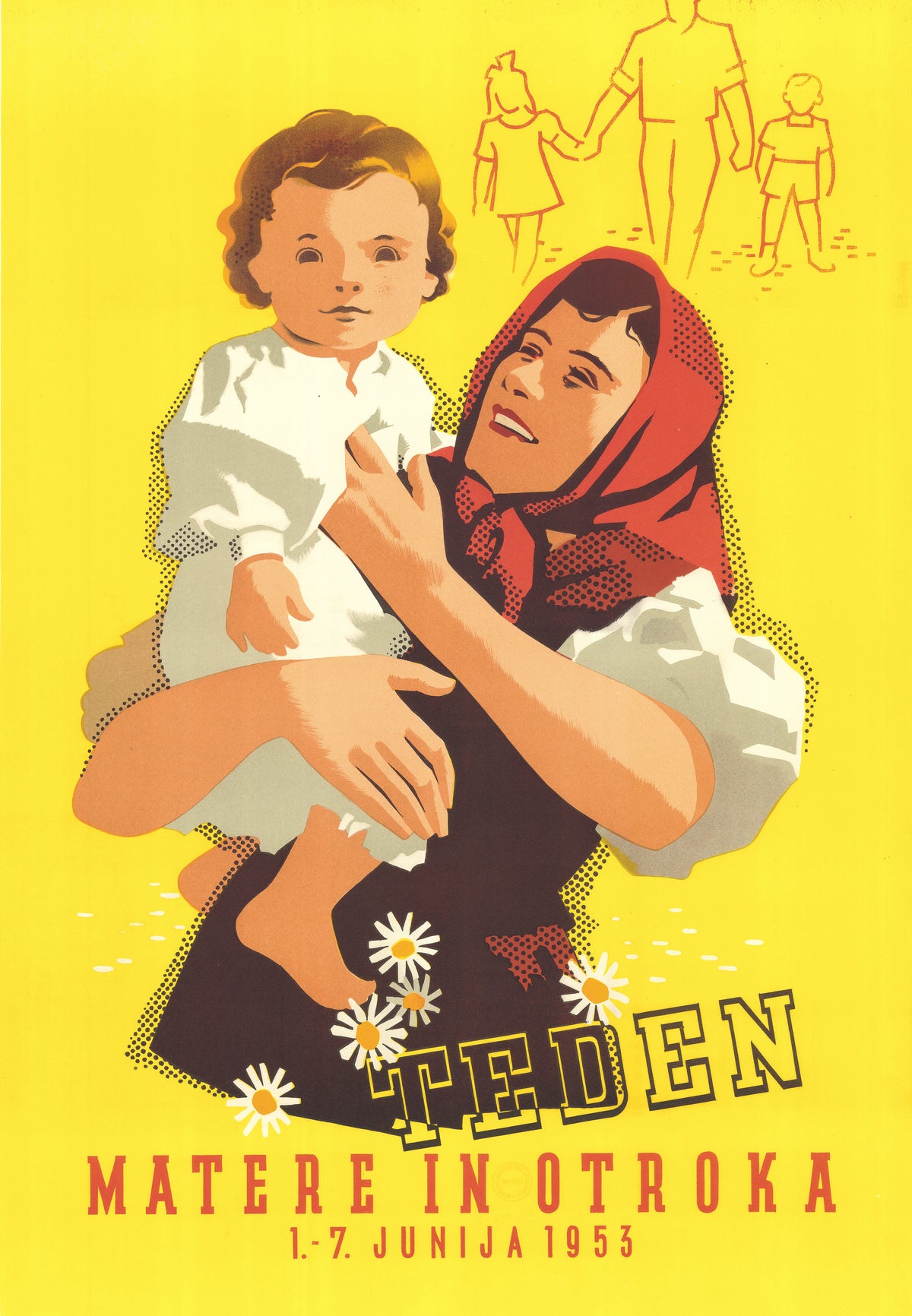 A mother in a patterned red headscarf holds a child against a bright yellow background, above Slovenian event lettering and daisies.