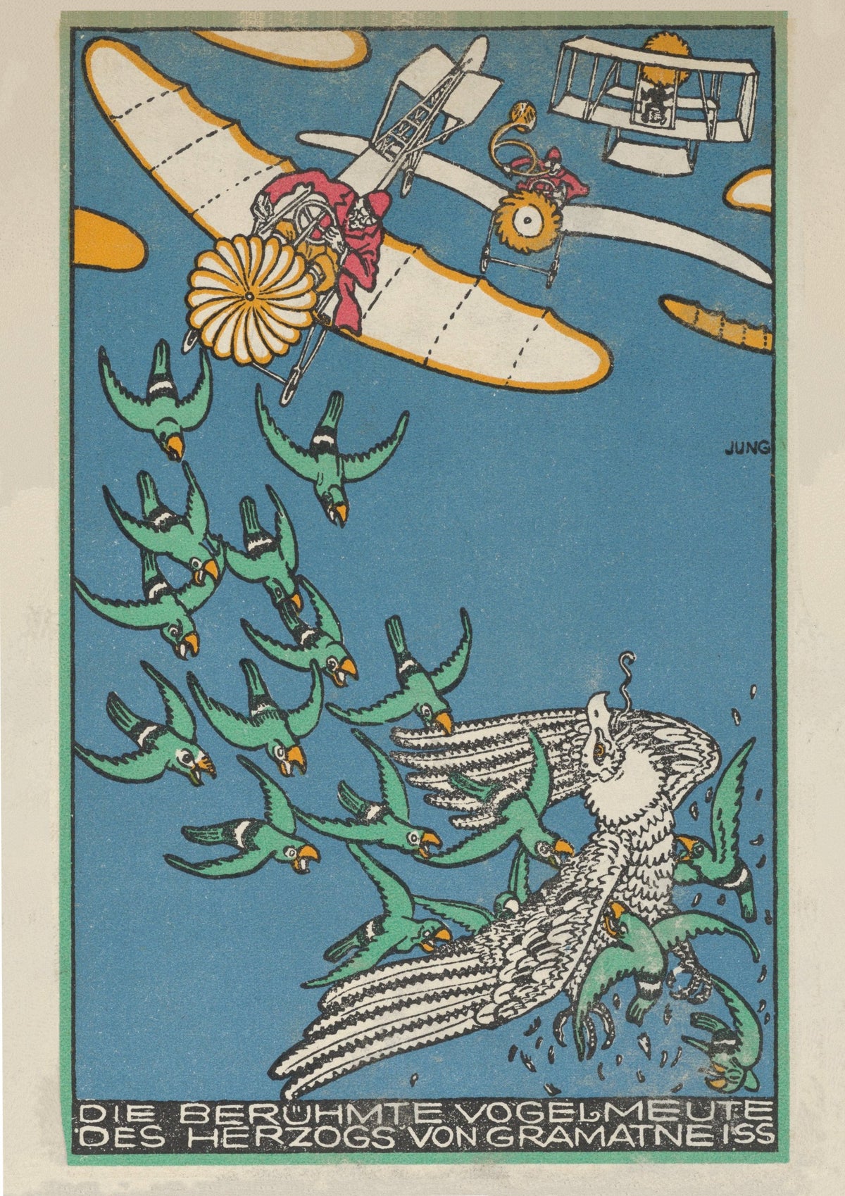 Green birds pursue a large white bird below fantastical flying machines against a blue sky, framed by German lettering.