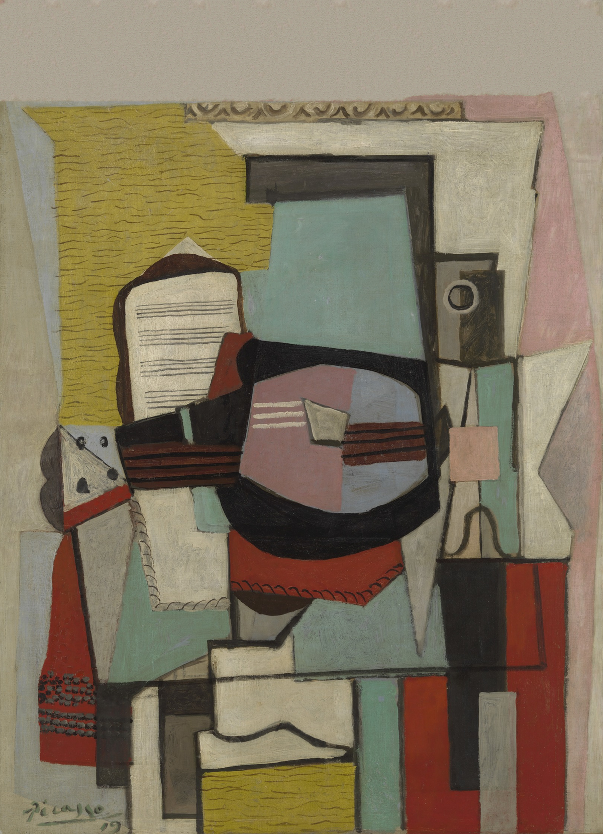 A guitar and sheet music are broken into overlapping geometric planes, with muted greens, yellow, red and black.