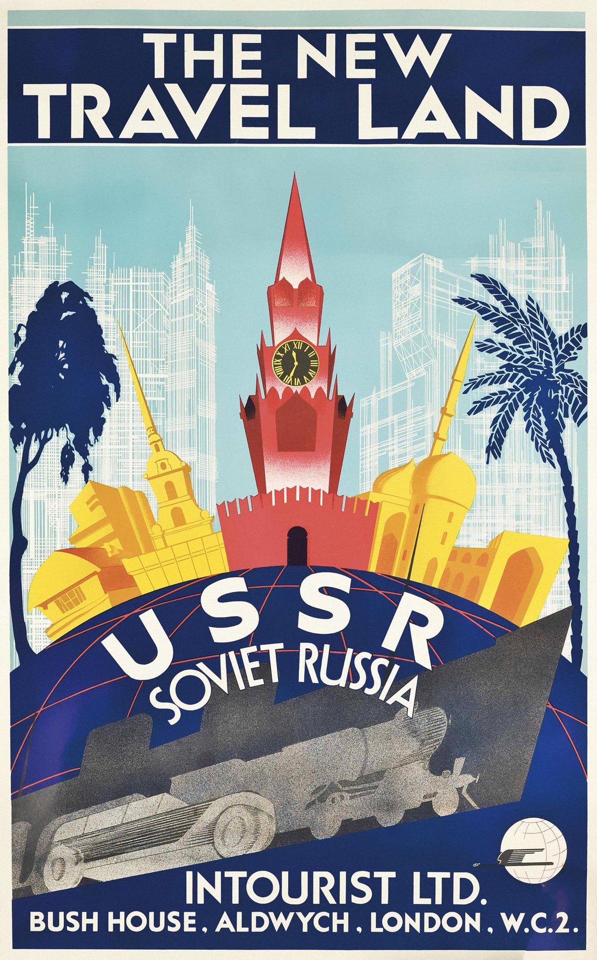 A red clock tower rises between golden buildings, palms and trees above a globe marked USSR Soviet Russia and a streamlined m